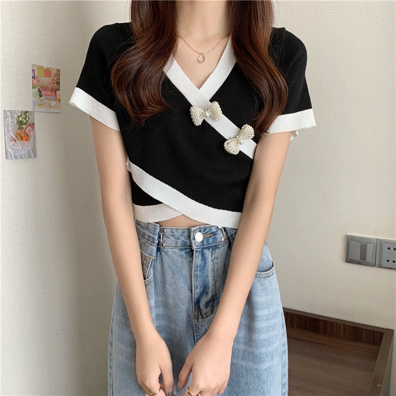 Áo Thun Dệt Kim Ngắn Tay Cổ Chữ V Màu Sắc Tương Phản Thời Trang Mùa Hè Hàn Quốc Cho Nữ