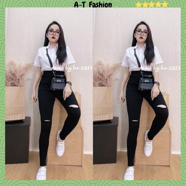 Quần Jean Nữ lưng cao phối rách gối A-T Fashion ❤️FREESHIP❤️ Quần Bò Nữ đẹp form ôm skinny thời trang trẻ trung - QJN522
