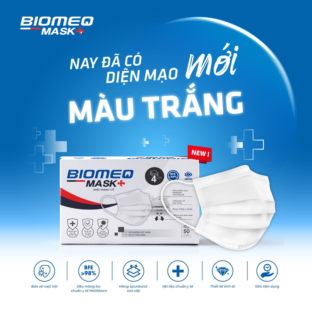 Hộp 50 khẩu trang y tế 4 lớp KHÁNG KHUẨN BIOMEQ cao cấp MÀU TRẮNG (CÓ KIỂM ĐỊNH)