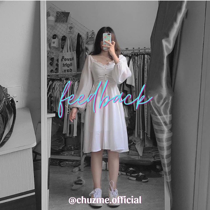 Đầm trắng công chúa cúc ngực / Váy trắng kỷ yếu dáng xoè tay thắt nơ (Ảnh thật)