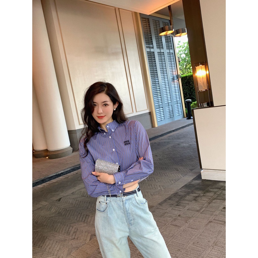 MiuMiu m22 early autumn new retro letter stripe hem burrs decoration simple all-match short shirt 2022