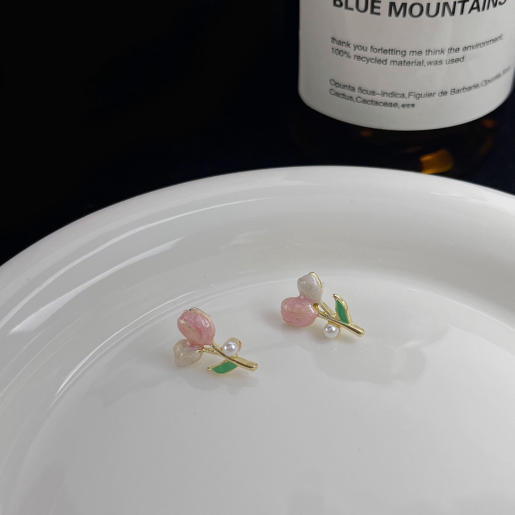 2022 Bông Tai Hình Hoa Tulip Hồng Đính Ngọc Trai Nhân Tạo Thời Trang Mùa Hè 2022