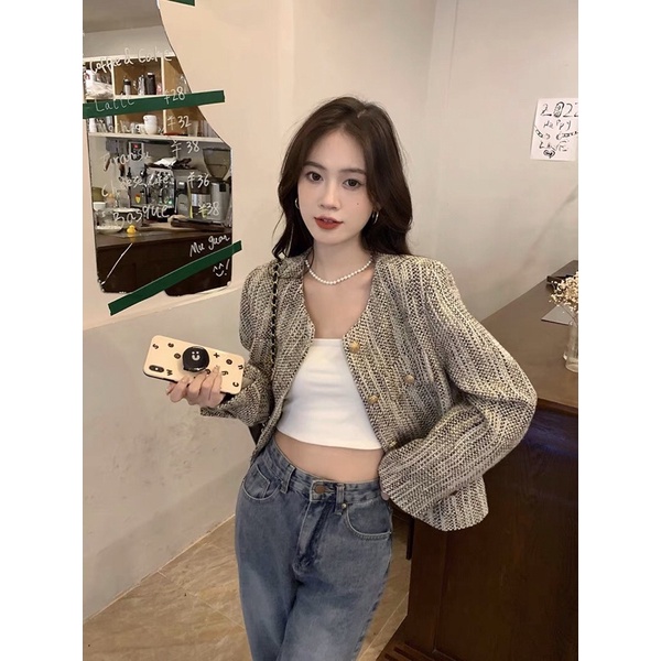 Áo khoác dạ tweed dài tay cúc màu vàng