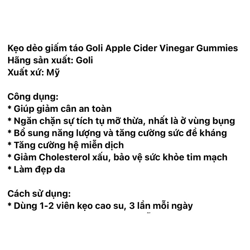 (2024)Kẹo Dẻo Giấm Táo Giảm Cân GOLI Apple Cider Vinegar Gummies 60 viên của Mỹ