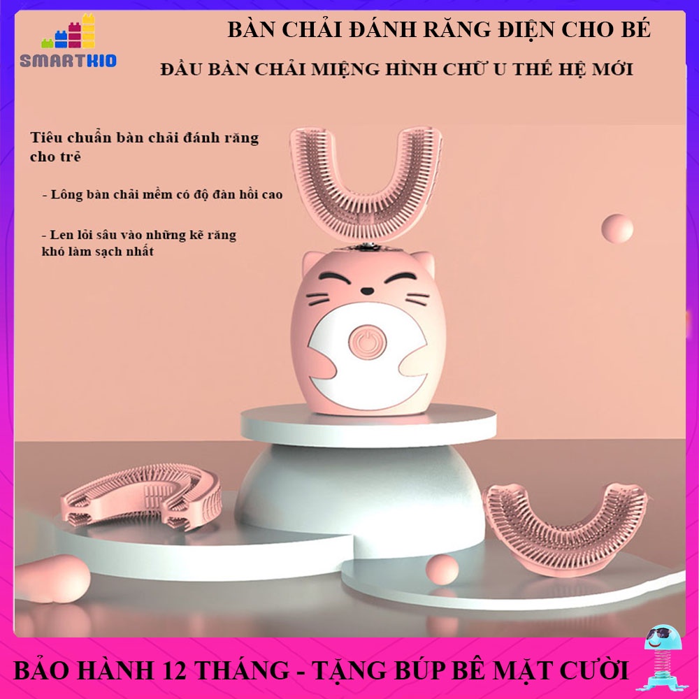 Bàn Chải Đánh Răng Điện Cho Bé Kèm Đế Và Cốc Úp, Bàn Chải Điện Chữ U Silicon Mềm Mại Cao Cấp, Dành Cho Bé Từ 2 - 15 Tuổi