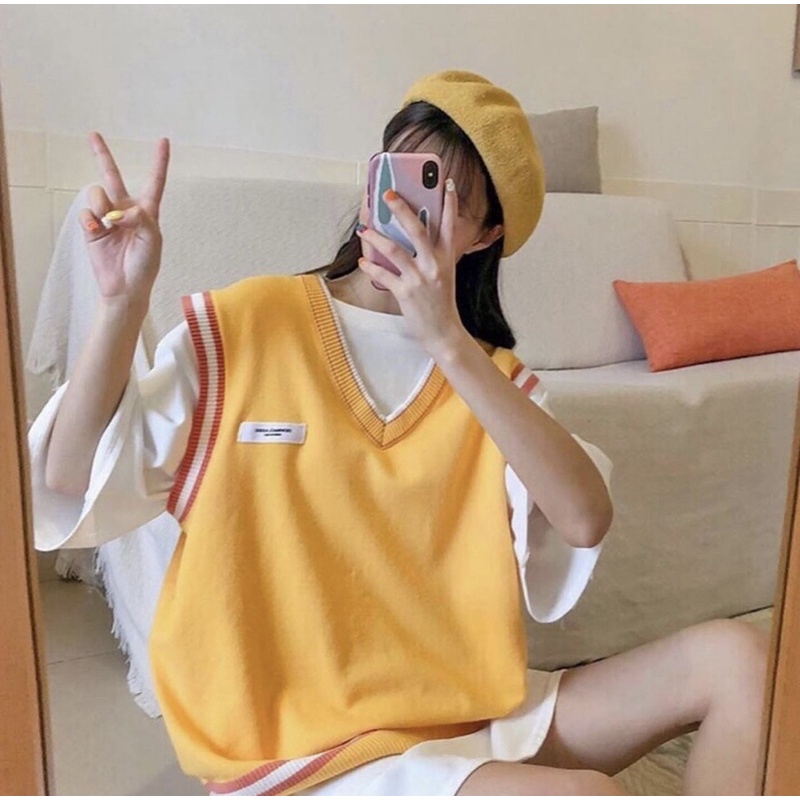 Áo gile len cổ V mác ngực màu hot trend ulzzang freesize