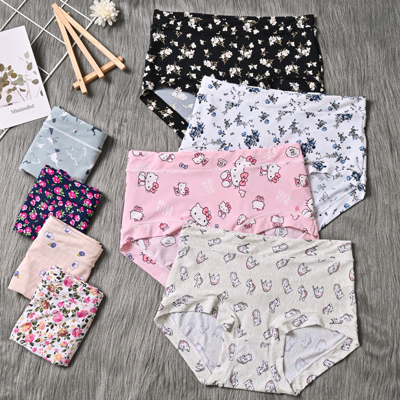 Bộ Quần Lót Bằng Lụa Lạnh Không Đường May Lưng Vừa In Họa Tiết Hoạt Hình Dễ Thương Cho Nữ