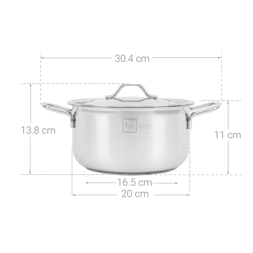 Nồi inox FiveStar Standard 3 đáy sandwich 16cm/18cm/20cm/24cm dùng cho bếp từ, bếp hồng ngoại, bếp ga