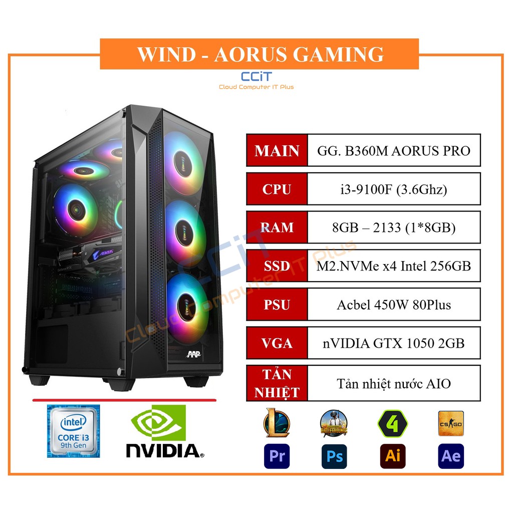 PC WIND - AORUS GAMING i3-9100F 8GB, 256GB NVMe SSD, GTX 1050 2GB