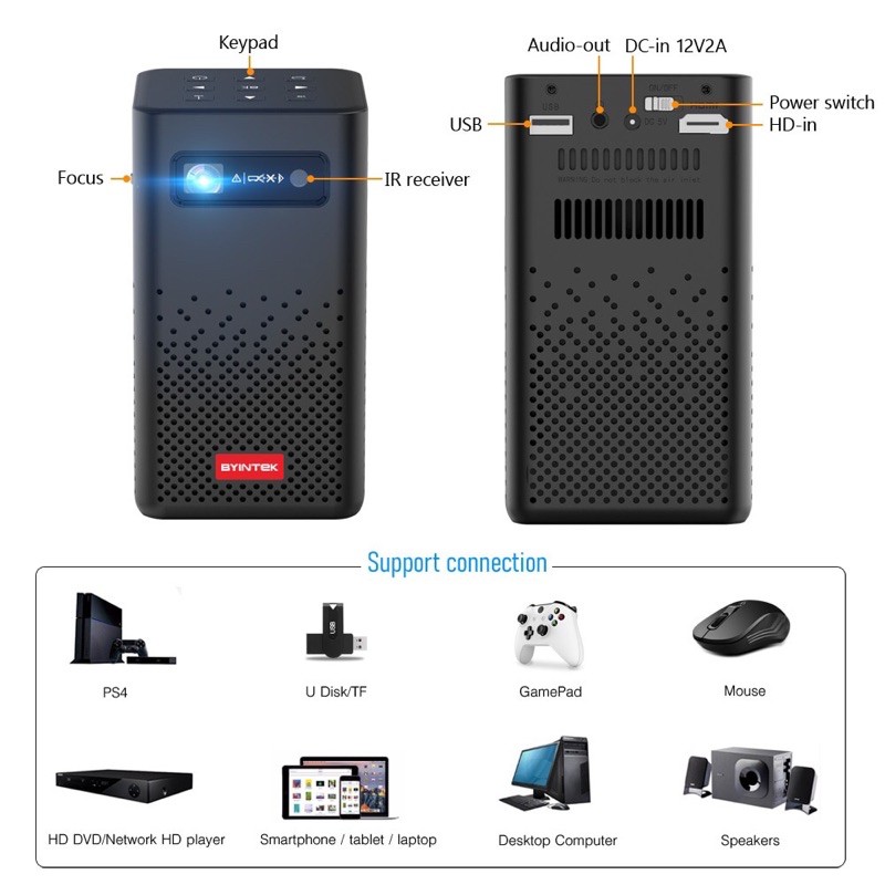 Máy Chiếu Mini Không Dây BYINTEK P20 - Máy Chiếu Hỗ Trợ 4K Android 9.0 Chức Năng Loa Bluetooth 2 Loa 5W Sử Dụng 3 - 4H