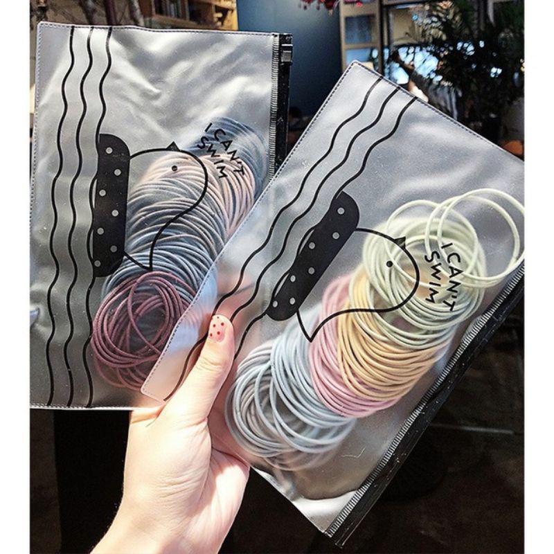 Túi zip 100 sợi chun buộc tóc Hàn Quốc du lịch siêu dễ thương ( Mix màu )