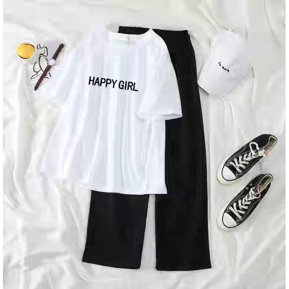 Sét Bộ Đồ Nữ Mùa Hè Mặc Đi Chơi, Áo Phông Nữ Cotton Mát Mịn In HAPPY GIRL Mix Quần Thun Cát Ống Rộng Phong Cách Hàn Quốc