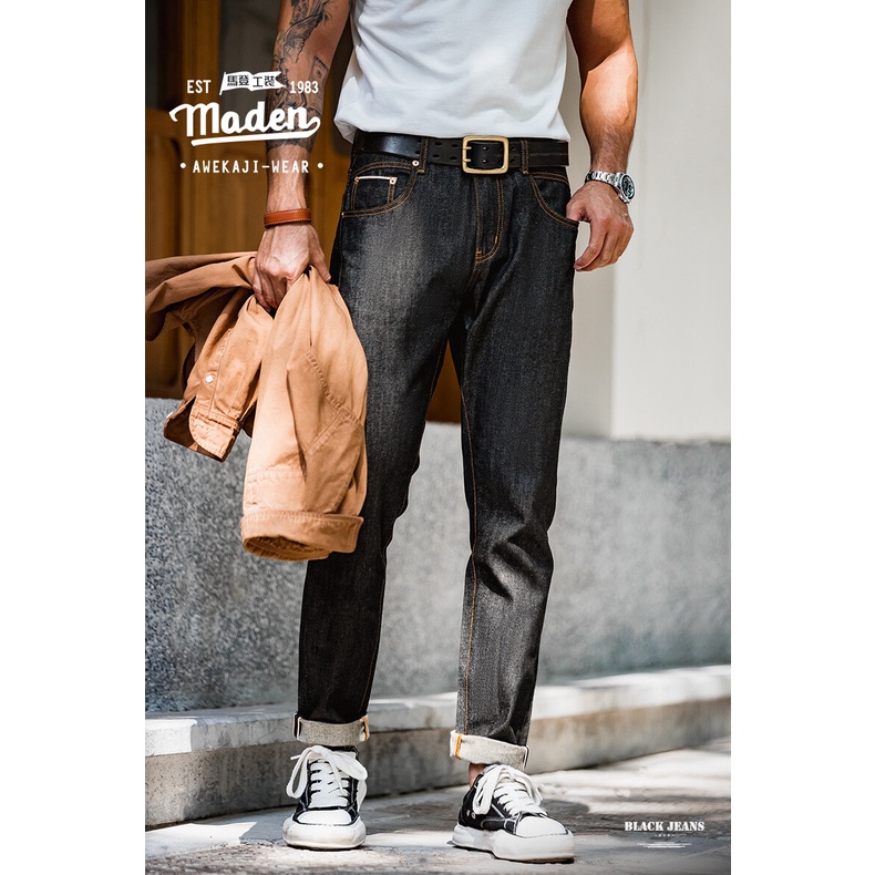 Quần jean MADEN màu đen phong cách Mỹ vintage 2022 thời trang cho nam 13.3oz
