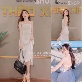V473 Đầm Maxi Trắng Hở Lưng , Váy 2 Dây Đi Biển Sang Chảnh , Chất Đũi Nhăn Nhật Loại 1