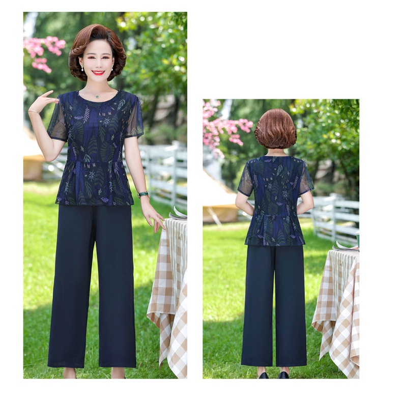 Đồ bộ trung niên nữ cho mẹ, Hàng Quảng Châu cao cấp, Bộ voan áo lửng quần dài V'vie Ladies #B25