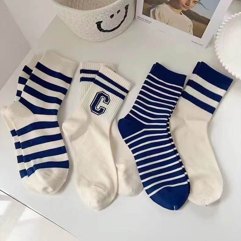 Vớ cotton Cổ Vừa Họa Tiết Kẻ Sọc Màu Xanh Dương Phong Cách Nhật Bản Thời Trang Xuân Hè Cho Nữ