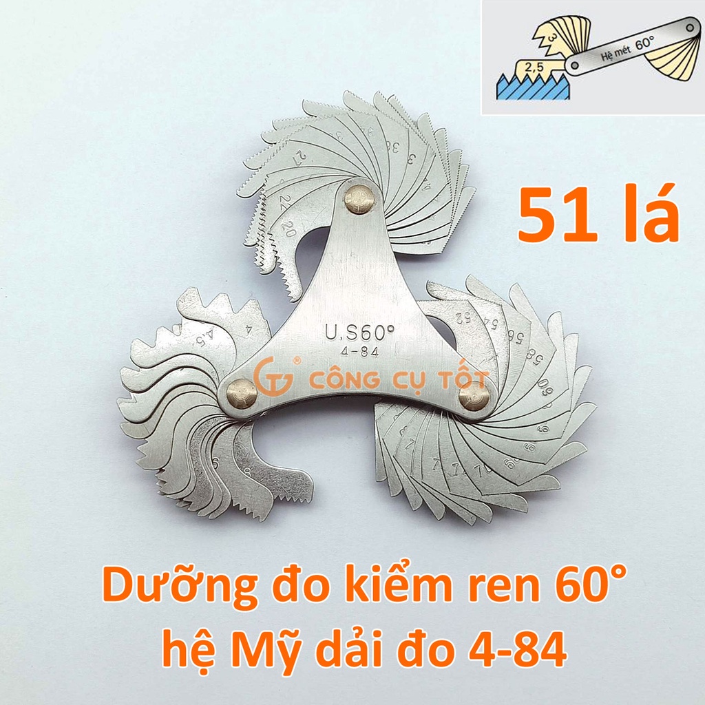 Thước đo bước ren 60° hệ Mỹ 51 lá dải đo 4-84 bước ren mỗi inch