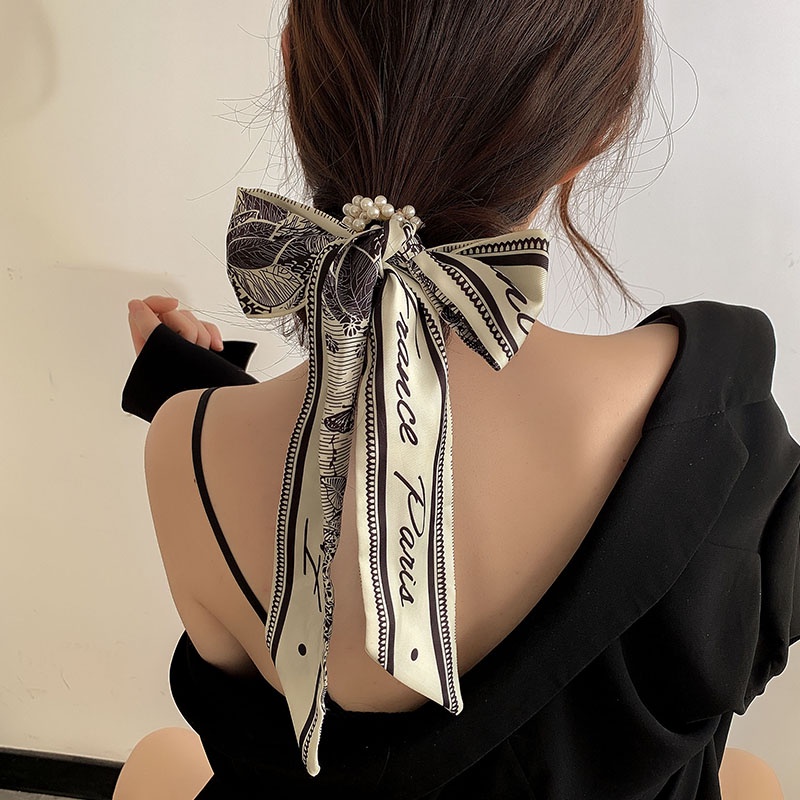 Dây Buộc Tóc Thắt Nơ Ruy Băng Đính Ngọc Trai Giả Kiểu Hàn Quốc Xinh Xắn