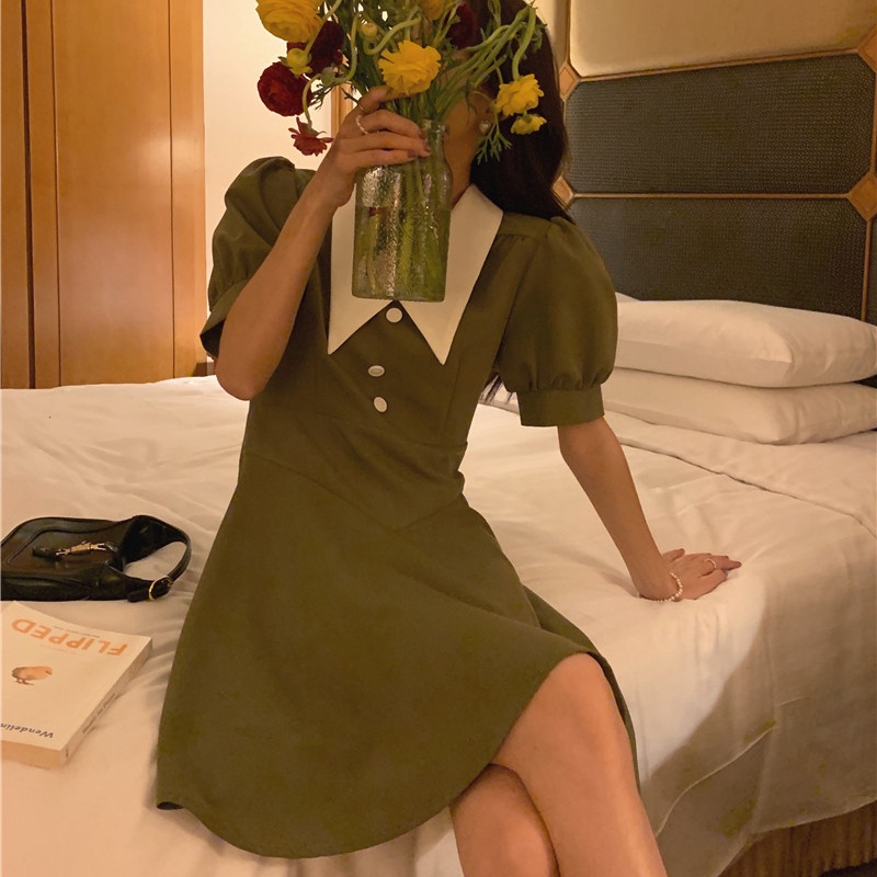 SUXI Đầm Tay Ngắn Màu Sắc Trơn Phong Cách Vintage Hàn Quốc