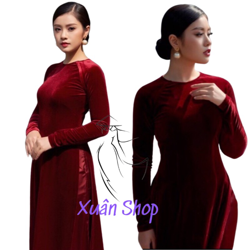 Áo dài nhung truyền thống đỏ đô đậm may sẵn