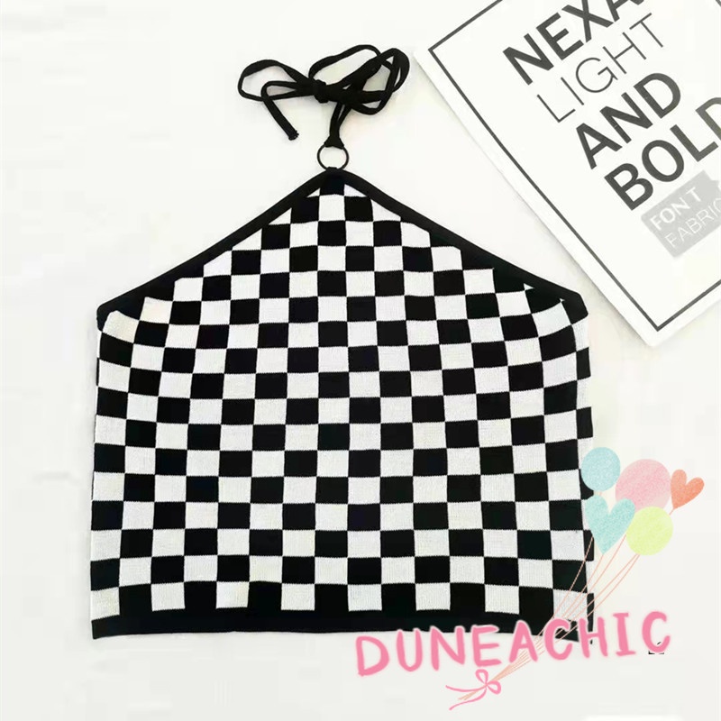 DUNEA Áo Hai Dây Họa Tiết Sọc Caro Thiết Kế Độc Đáo Quyến Rũ Cho Nữ