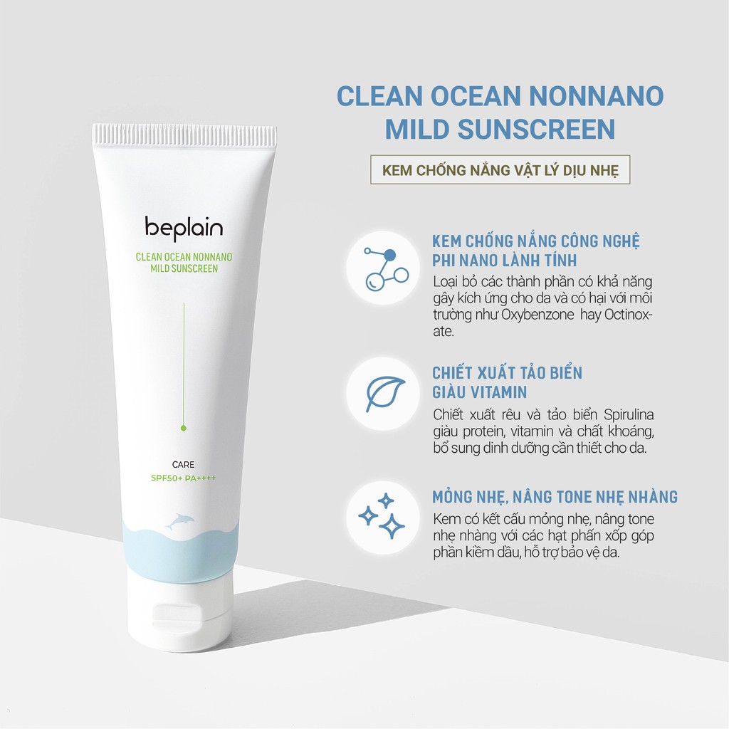 Kem chống nắng vật lý dịu nhẹ BEPLAIN Clean Ocean Nonnano Mild Sunscreen SPF50+ PA++++