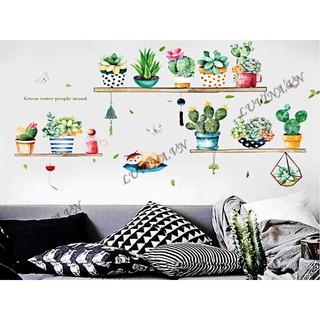Decal dán tường LUVINA trang trí phòng khách, phòng ngủ, phòng ăn-KỆ CÂY CẢNH VÀ CON MÈO