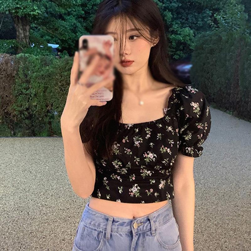 Áo Croptop Vải Voan Tay Phồng Cổ Vuông Hở Lưng Cột Dây In Họa Tiết Hoa Ngọt Ngào Cho Nữ
