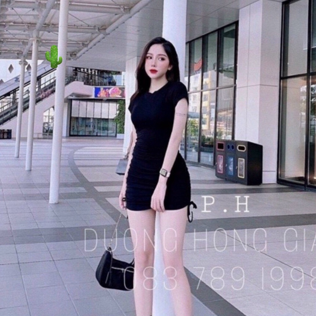 Đầm cổ tròn trơn body rút dây 2 bên cực xinh , chất thun bozip mềm mịn co giãn