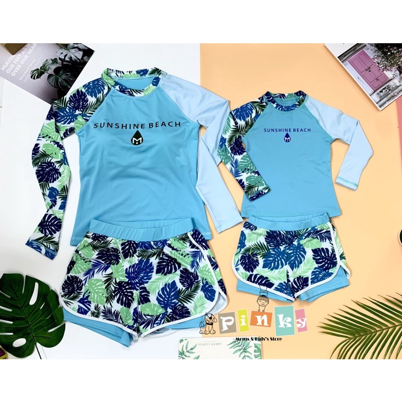 Đồ bơi mẹ và bé gái, bikini tay dài chống nắng kín đáo, quần 2 lớp hoạ tiết nhiệt đới