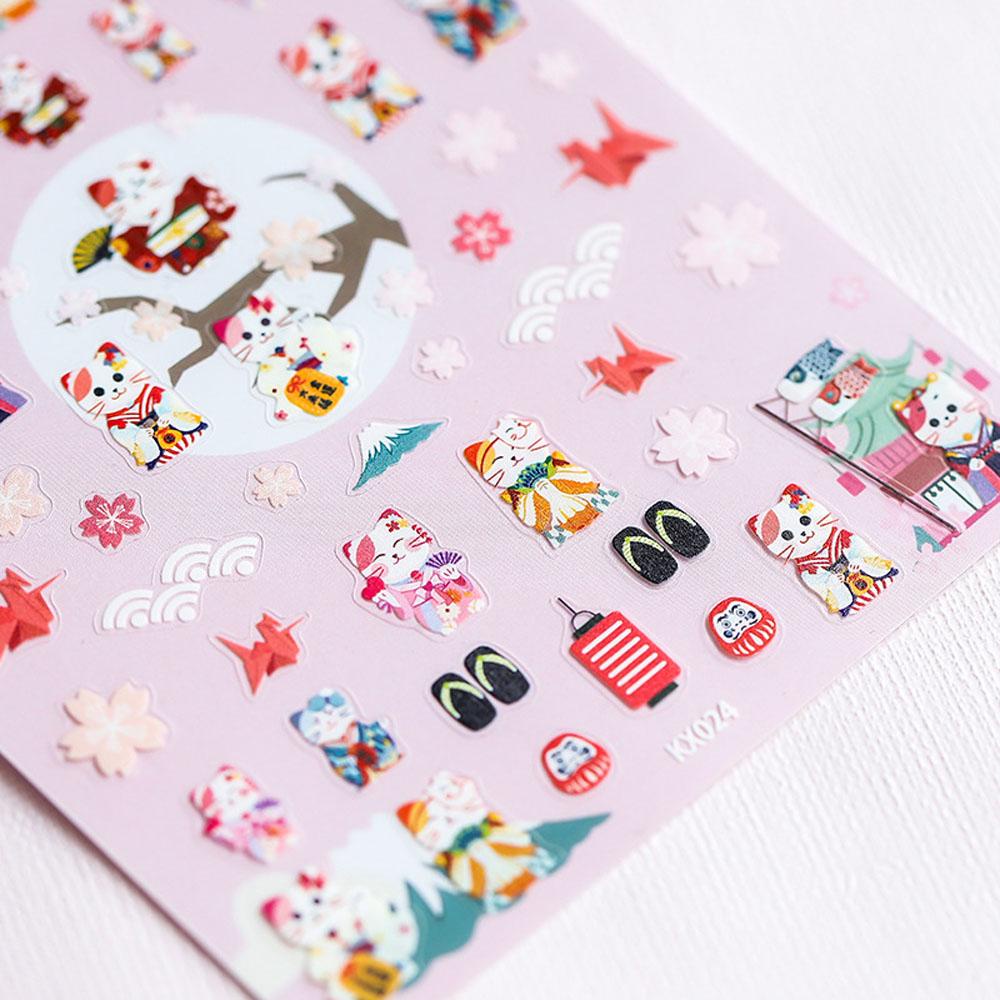 Miếng Dán Trang Trí Móng Tay Tự Dính Họa Tiết Mèo May Mắn 5D Dễ Thương