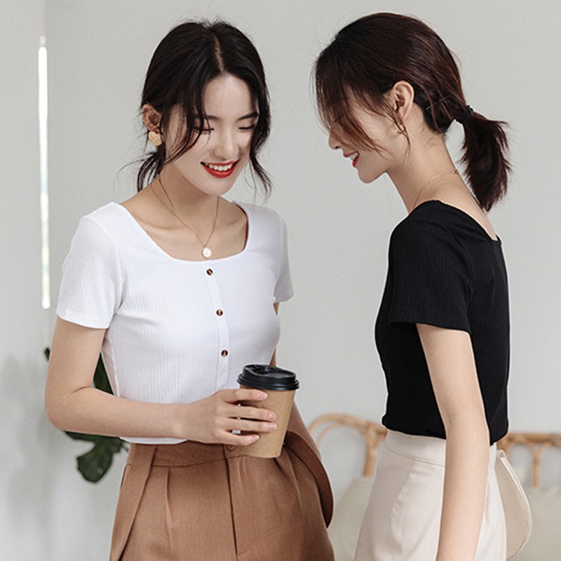 Xiaozhainv Áo thun nữ tay ngắn màu trơn đáng yêu