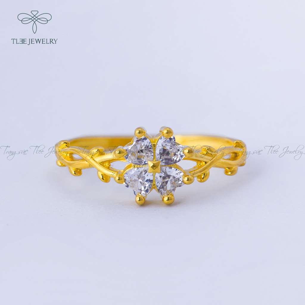 Nhẫn bạc nữ TLEE cỏ bốn lá mạ vàng 14k đính đá cao cấp NCJ A0135