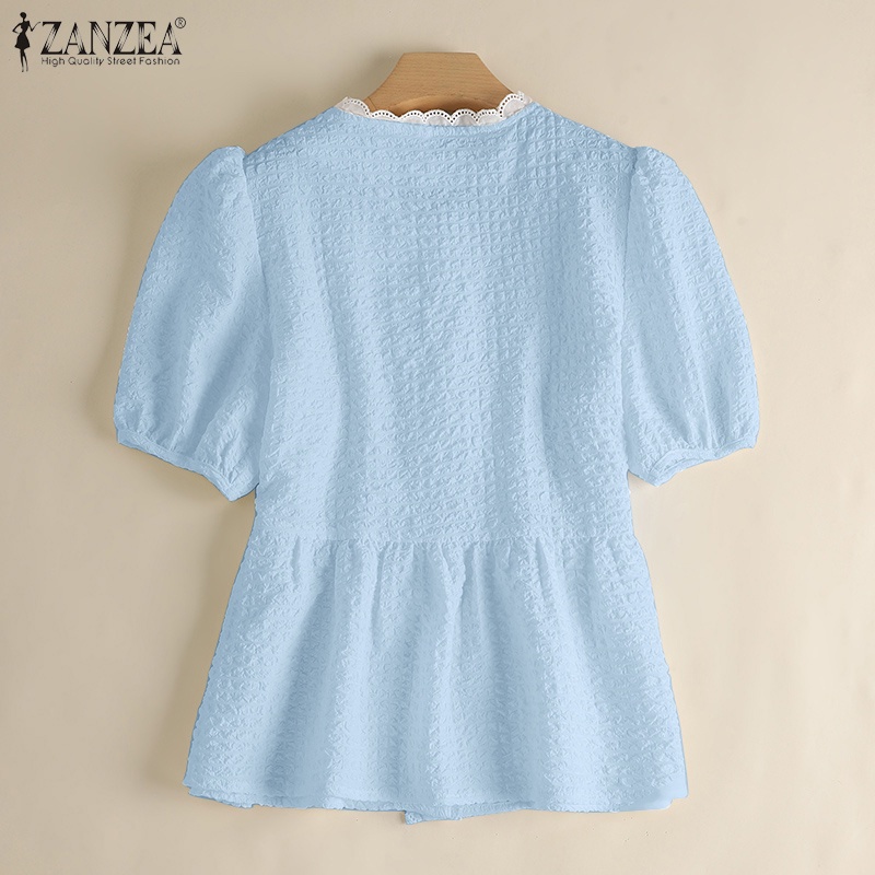 Áo peplum Zanzea tay phồng cổ tròn cài nút thời trang cho nữ