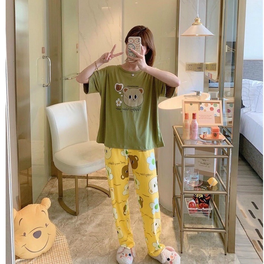 Đồ bộ nữ in hình mặt gấu cute tay ngắn+ quần dài chất liệu THUN LẠNH 3D dưới 55kg kiểu dáng xinh xắn đáng yêu-Mã056