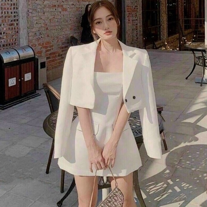Đầm Hai Dây Nữ Kèm Áo Khoác Vest Lửng Tay Dài