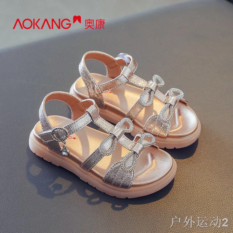giày nữ trẻ em mới Dép bé gái Aokang 2021 công chúa mùa hè Big Kids nơ biểu diễn đế mềm chống trượt