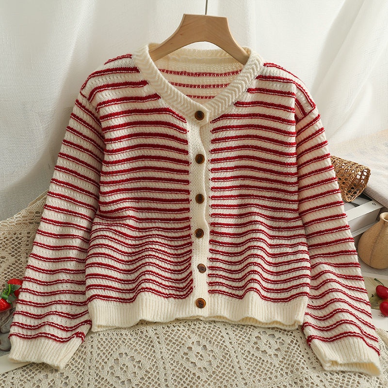 Áo Khoác Sweater Dệt Kim Mỏng Một Hàng Nút Cài Cổ Tròn Tay Dài Kẻ Sọc Thời Trang Mùa Thu Mới Cho Nữ