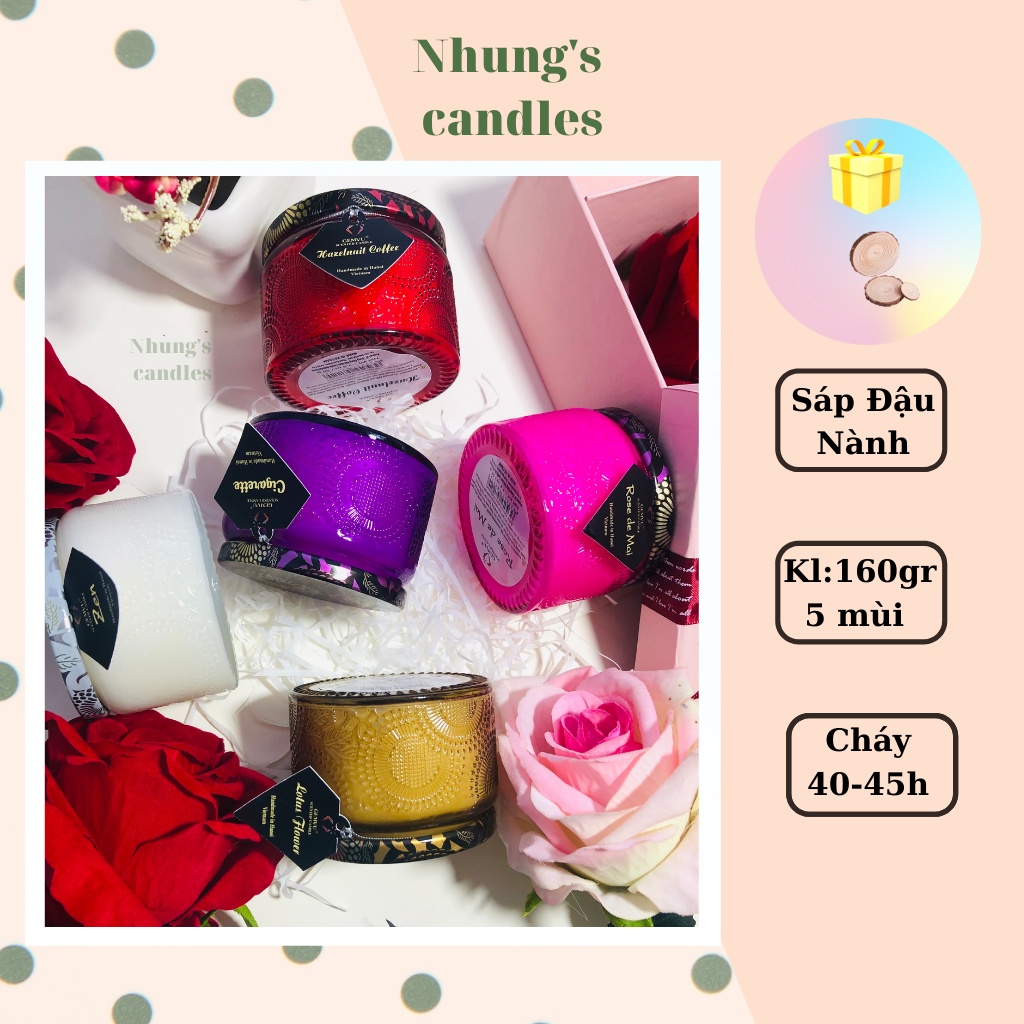 Nến thơm tealight, ly nến thơm GemVu 5 mùi hương lọ thủy tinh hoa văn nhiều màu sắc