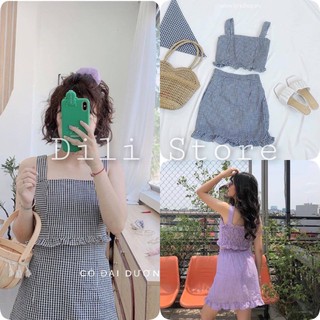 Set đồ nữ 🍍Bộ Chân Váy Áo Croptop Kẻ Caro ,FREESHIP🍍 Set Váy Ngắn cạp chun Kèm Áo Nữ Kẻ Sọc 2 dây 3 Màu cách điệu xinhhh