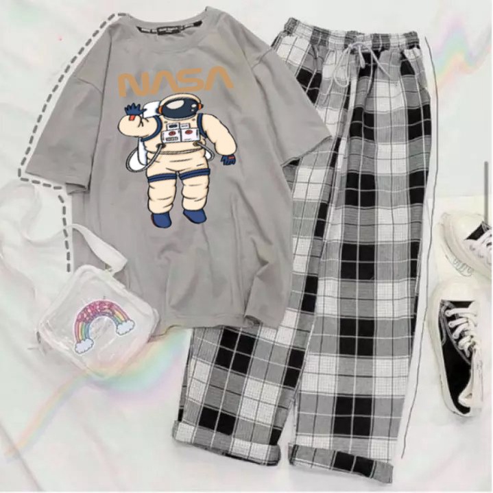 Sét Áo phông N.S + quần kẻ, Áo thun from rộng, Chất đẹp không xù, quần suông ống rộng, Sét bộ mặc ở nhà - MODY