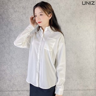 Áo Sơ Mi Nữ Công Sở Túi Trước Ngực UNIZ (Màu Trắng), Dáng Dài, Form Rộng, Dài Tay, Vải Lụa Thô Mềm Mại, Không Nhăn