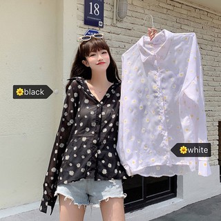 Áo sơ mi nữ tay dài cổ V có cúc nút áo hoa cúc voan mỏng ulzzang ( 2 màu )