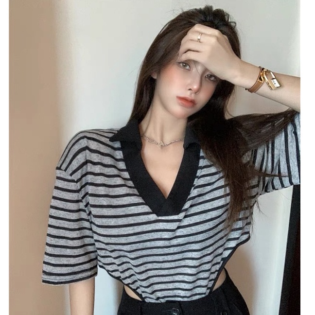 Áo thun nữ Ngắn tay Kẻ Sọc ngang cực Chất Cổ V Form rộng/ Áo phông nữ Tay ngắn Free size XOÀI STORE