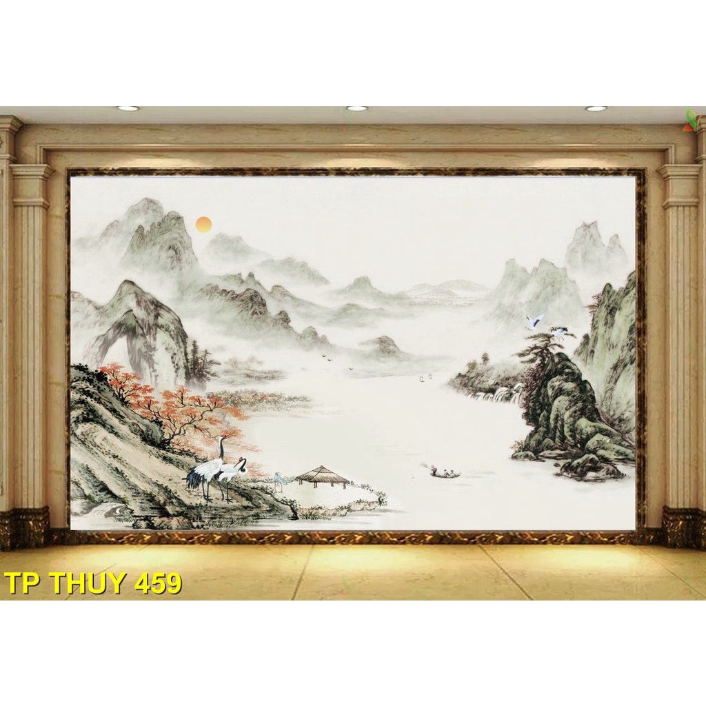 Tranh thủy mặc dán tường 3D phong thủy cho phòng khách, nhà hàng