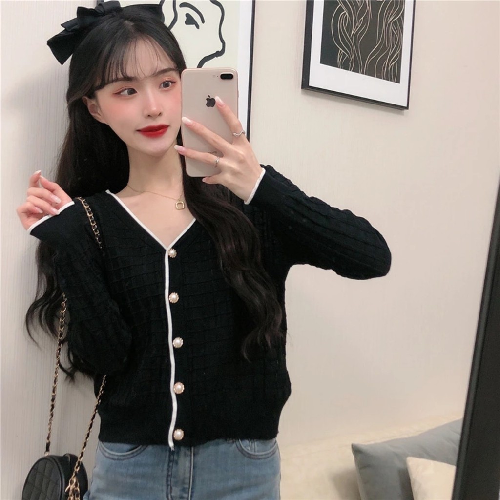 CHIKITO | Áo Len Cardigan Tay Dài Cổ V - Áo Kiểu Khoác Croptop Quảng Châu 2 Màu Trắng - Đen Kiểu Dáng Ulzzang