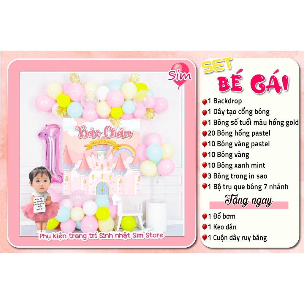 Set trang trí sinh nhật, trang trí thôi nôi, đầy tháng bé gái hot trend siêu dễ thương trọn bộ đầy đủ Simparty