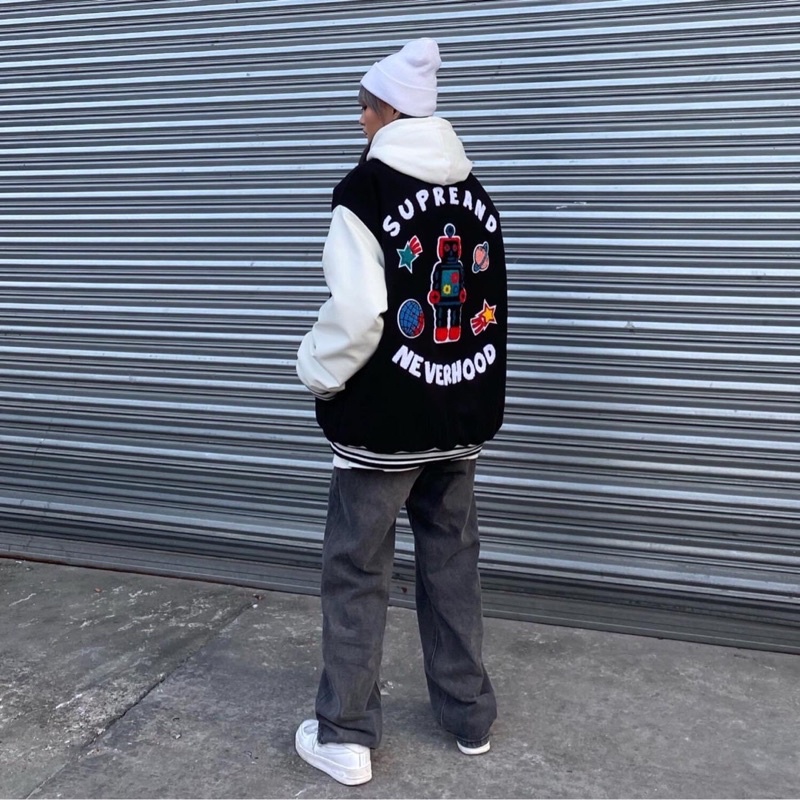 Áo Bomber Nút Bấm Nỉ Bông Unisex Thêu Vũ Trụ Ảnh Thật
