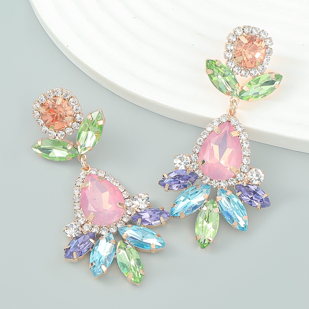 Khuyên tai Pinkdudu PD867 hợp kim dáng dài mặt kính đính đá nhiều màu sắc đơn giản thời trang cho nữ