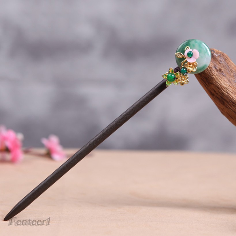 [Fenteer1] Trâm Cài Tóc Bằng Gỗ Truyền Thống Đính Ngọc Bích Màu Đen Cổ Điển